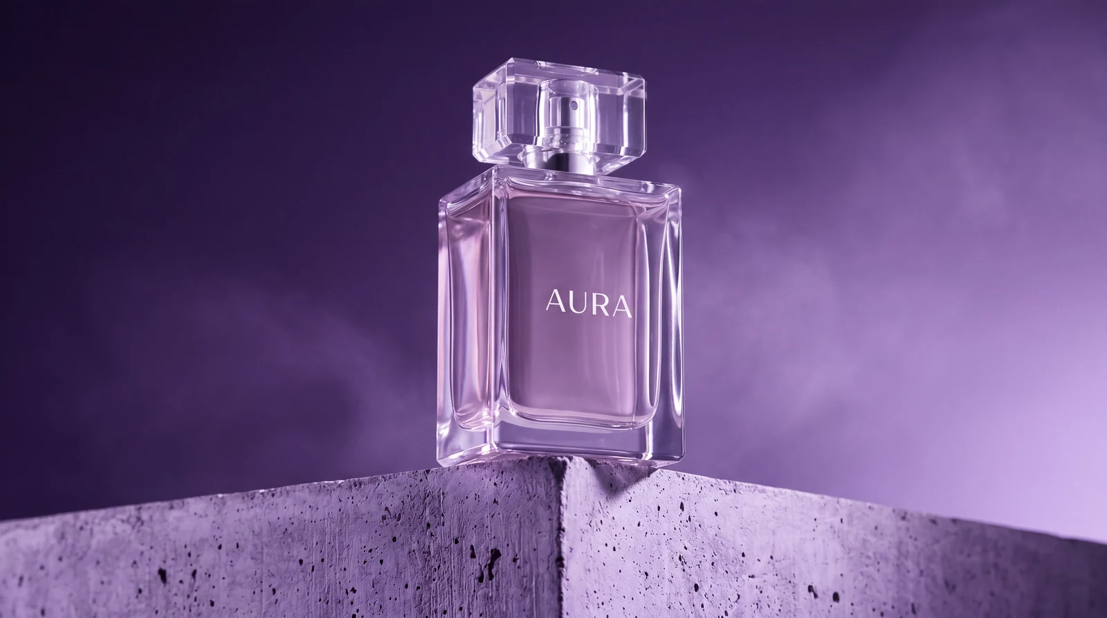 AURA perfume bottle on violet stone, with purple studio mist and a legible minimal label.