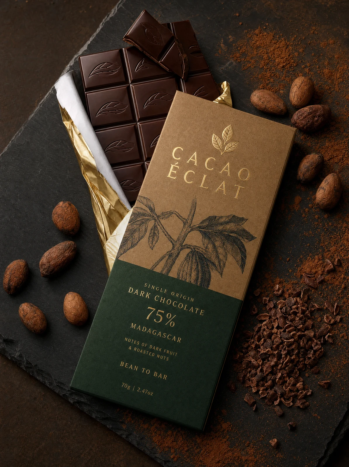 Premium CACAO ÉCLAT dark chocolate packaging on slate with gold foil, cocoa beans, and clean embossed lettering.