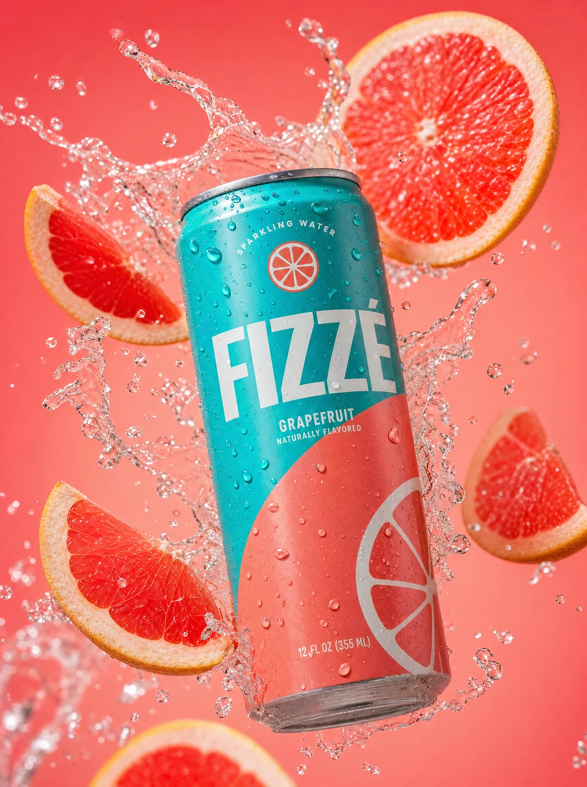 Teal and coral FIZZÉ sparkling water can with grapefruit slices, droplets, and splashing water. Crisp white label typography.