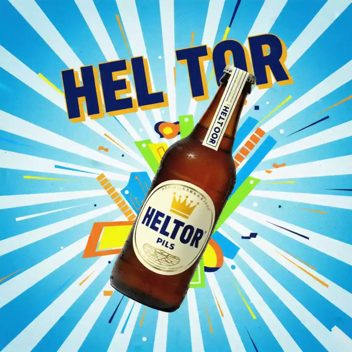 Blue and yellow HELTOR bottle advertisement with radial rays and bold display type.